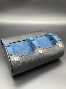 Watch Roll Slide System Storage - Black Ballouch leather blue interior - 2 slots